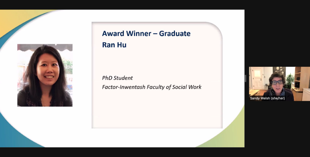 Screen shot of Ran Hu receiving a Graduate Award for Scholarly Achievement in the Area of Gender-Based Violence at a virtual event marking the National Day of Remembrance and Action on Violence Against Women.