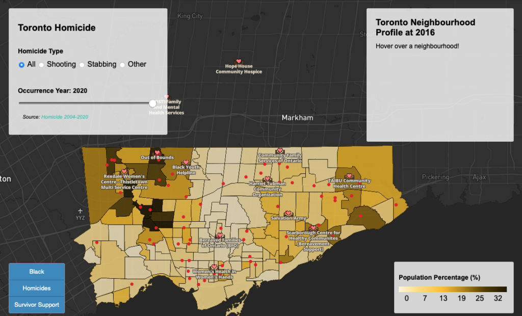 Screen capture of the Homicide Tracker, an online GIS map that marks where homicides occurred in Toronto between 2004 and 2020, relative to African, Caribbean, Black (ABC) communities and service organizations that exist to serve them. 