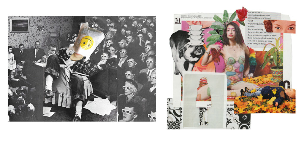 This is a two-part analogue collage. The first collage is a monochromatic collage, centering a seated person covering their head with a plastic bag with a yellow upside-down smiley face. Images of people in the background appear to be watching this person. In the second collage, there is a monochromatic dog carrying four cups with its nose on the mid-left, a person wearing a sweethearts candy patterned leotard at the center, and a child lying in leaves at the bottom right. There is also a cut-out of a human-figure, human eyes, and poem. 