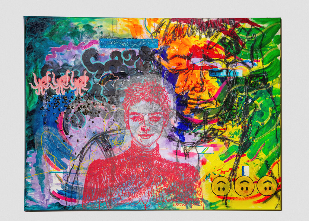 This is a mixed media artwork using acrylic, water colour, gel pen, nail polish, gel medium, and found and recycled materials. The background in the left side include colours of blue, pink, and white; and in the right are green, yellow, orange, and darker blue. At the centre is a portrait of a person drawn in red, shaded with words, which is layered on top of a larger line portrait drawn in black, and a smaller line portrait in pink. There is also three octopi on the top left and three upside down smiley faces on the bottom right. 