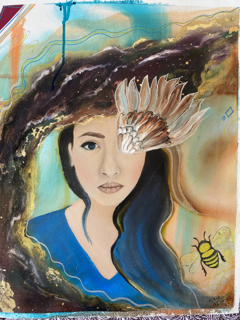 This is a vertical oriented acrylic painting with blue, orange, and brown colours blending in the background. At the centre is a portrait of a person with long, dark hair and blue clothing, whose left eye is covered by a bird's wing. There is a painting of a bee at the bottom left corner and a dark brown shape that flows across the bottom edge, left edge, and top right edge of the canvas.