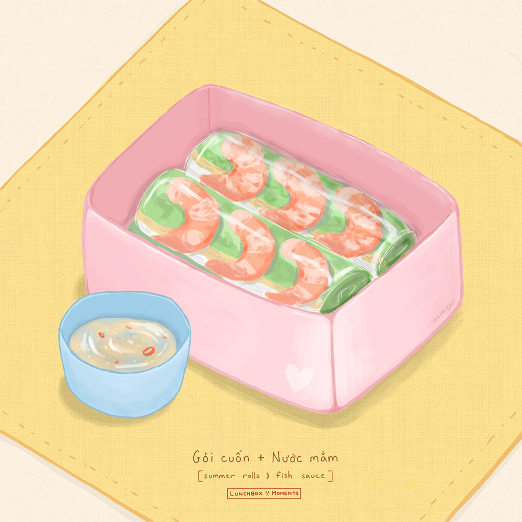 Illustration of Gỏi cuốn + Nước mắm (Summer rolls with shrimp & fish sauce). The rolls are in a pink lunch box and the fish sauce is in a small blue container. Both are sitting on a small yellow placemat