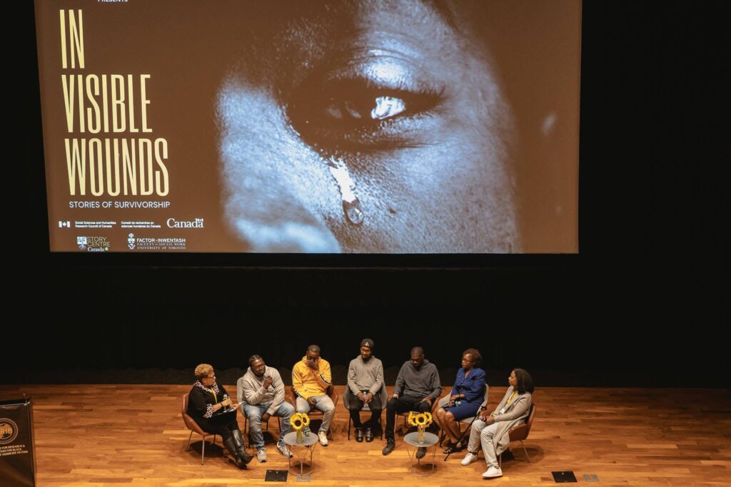 Photo of the panel discussion during the Invisible Wounds: Stories of Survivorship event that took place at Innis Town Hall, September 13, 2022. Jheanelle Anderson is pictured far right.