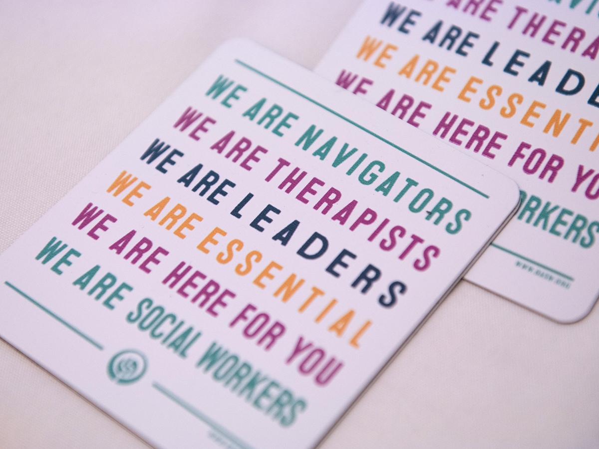 Cards featuring the text: We are navigators We are therapists We are leaders We are essential We are here for you We are social workers