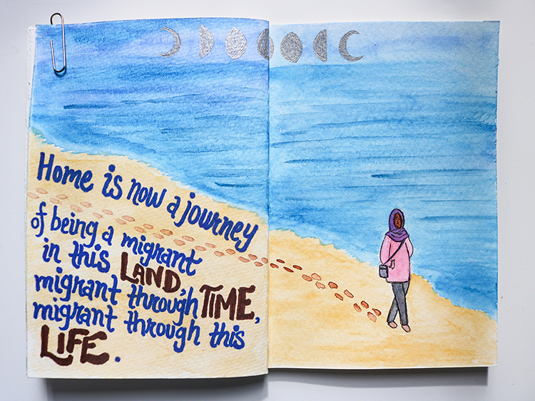 Text: "Home is now a journey of being a migrant in this land, migrant through time, migrant through this life." Image of a brown woman in a hijab walking along a beach, by the shore, leaving footprints behind her. The different phases of the moon are at the top of the page in silver.
