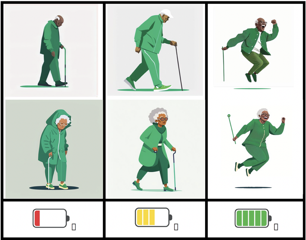 illustration of seniors with different levels of energy, paired with images of batteries: the first showing low power, the second showing half power, and the third showing full power.