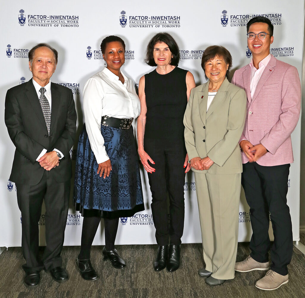 Fu Hui Education Foundation members (left to right) David Leung (Vice-President), Judy San (President), and Wesley Kam (Secretary) with Dean Charmaine Williams (second from the left) and Professor and past Dean Faye Mishna (centre) at FIFSW's Spring 2023 convocation reception