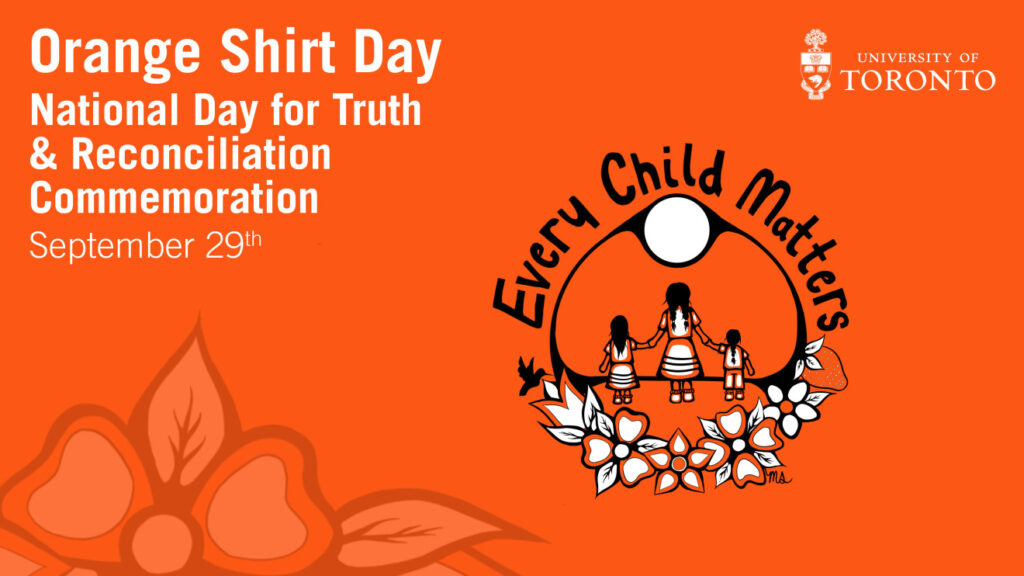 2023 Orange Shirt Day and National Day for Truth & Reconciliation September 29th - poster with illustration showing three children holding hands under the words 'Every Child Matters'