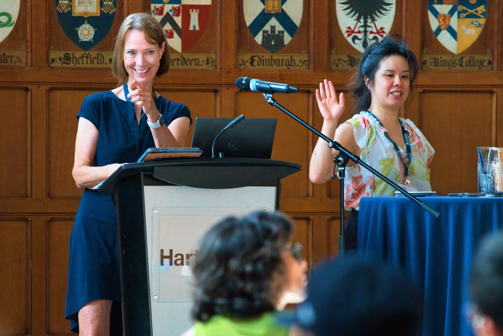 Eileen McKee and Mai King take questions from students at Hart House