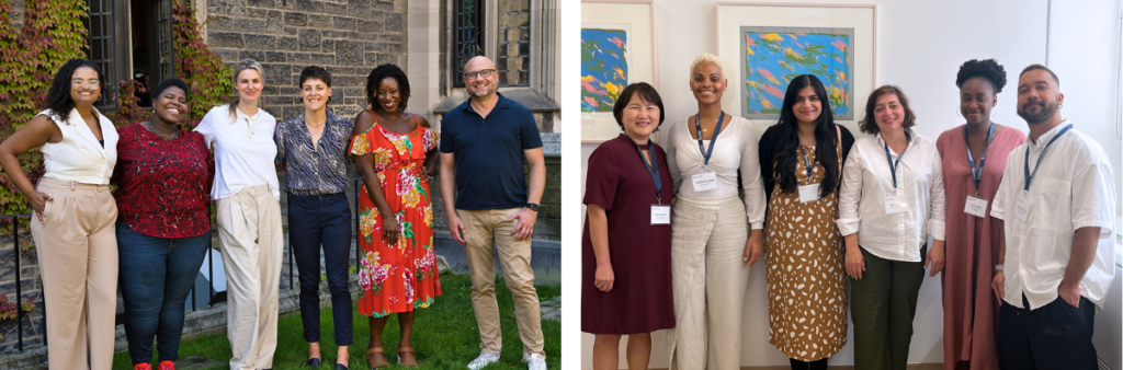 two photos of EDI workshop instructors. The first photo shows instructors outside Hart House. The second photo show instructors inside the Dean's Boardroom in FIFSW's building.