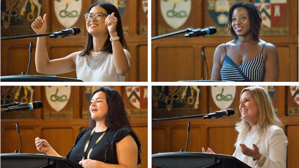 Composite photo of 4 alumni speakers: Clara Ho, Shanette Thompson, Marcie Romenco, and Susan Blacker