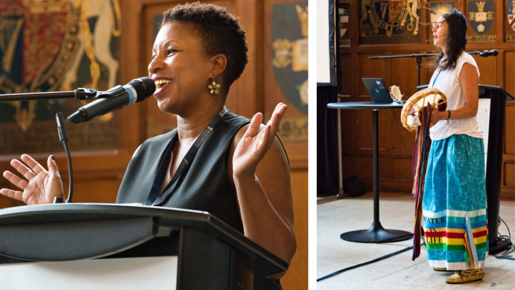 Composite photo - Dean Charmaine Williams speaking from a podium at Hart House, and Prof. Ashely Quinn drumming in front of a podium.