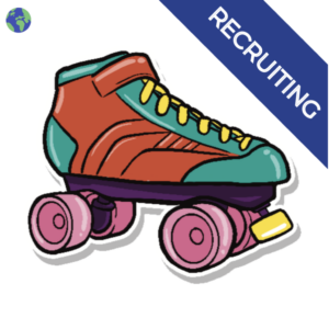 Graphic for the Reimagining Roller Derby research study. Now recruiting. Illustration of a red, green and pink roller skate.