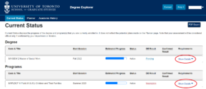 Screenshot of 'Current Status' section on Degree Explorer, with 'show details' buttons circled