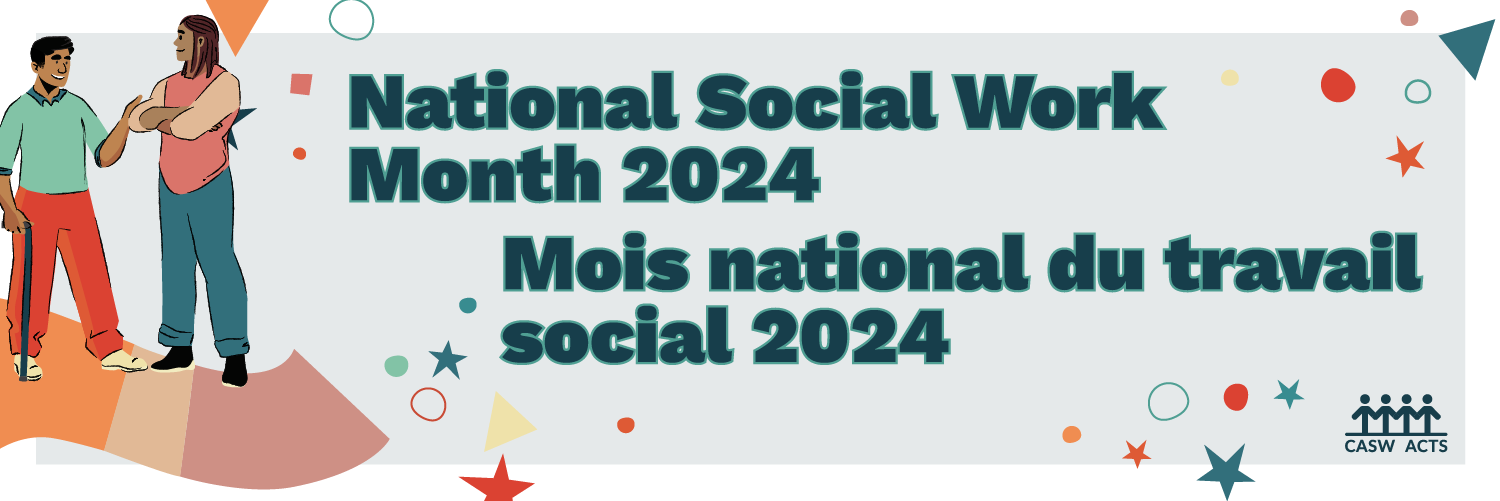 National Social Work Month 2024 banner. Illustration of two people talking. 