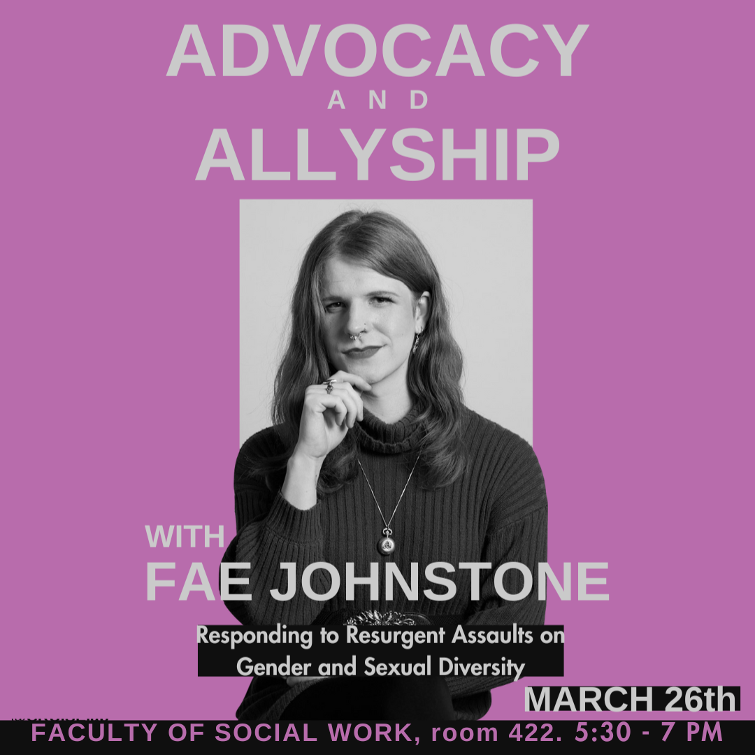 Event poster featuring a black and white photo of Fae Johnstone. Text repeated on web page.