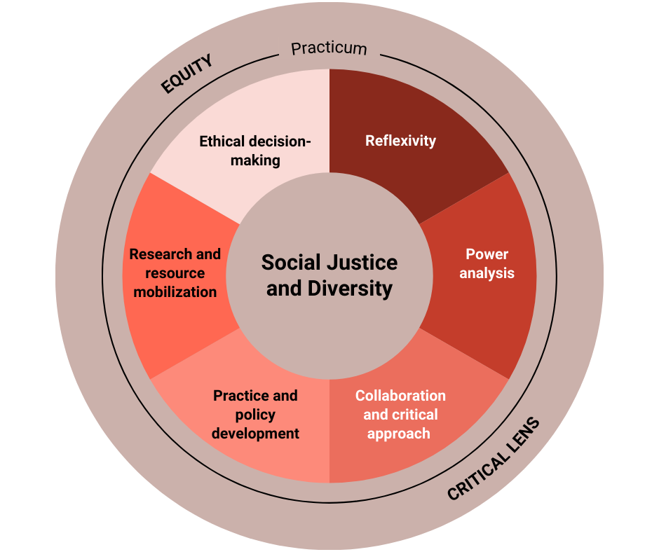 infographic showing the competencies for the social justice and diversity field of study, outlined below. 