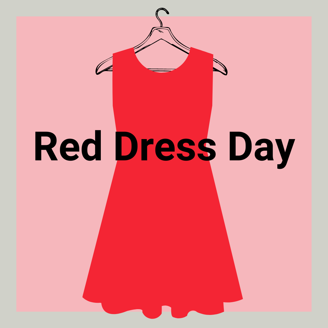 illustration of a red dress on a hanger with text that reads 'Red Dress Day'
