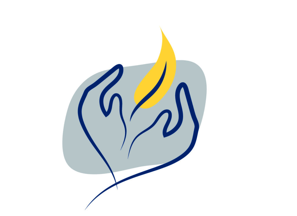 stylized illustration of two hands encircling a leaf or flame