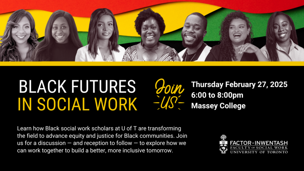 Poster for Black Futures in Social Work featuring photos of the panelists. Text is repeated on the page below.