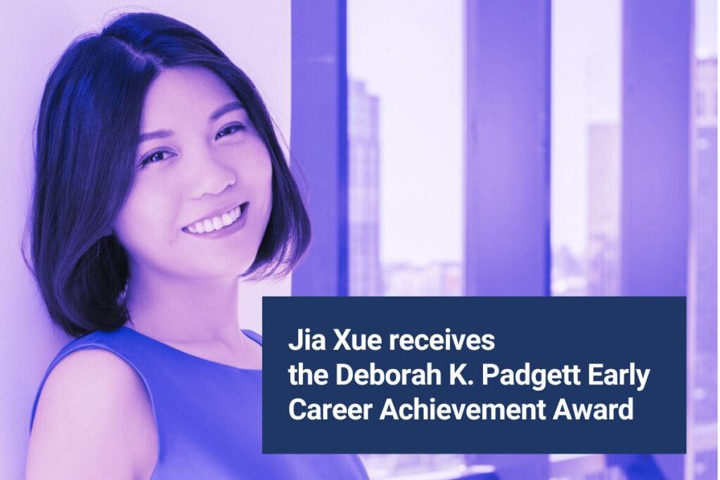 Photo of Jia Xue with purple hue and text that reads: Jia Xue receives the Deborah K. Padgett Early Career Achievement Award