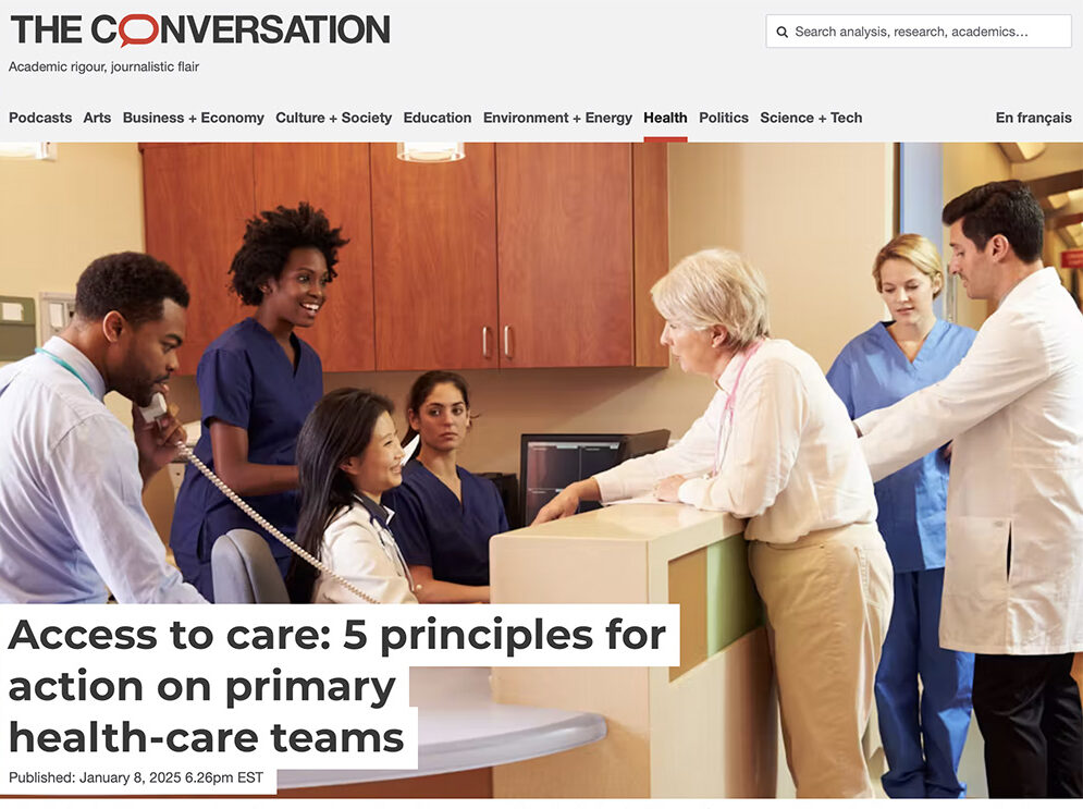 Screen shot of the article lead image and title on The Conversation webpage. Photo shows a group of diverse healthcare providers talking in a hospital environment