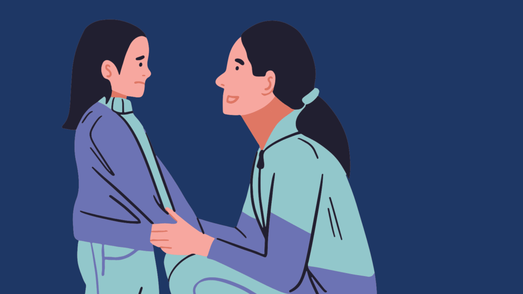 Illustration of a Asian parent speaking to and comporting a child who looks worried