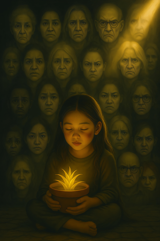 A young girl holds a pot with a glowing plant growing in it. In the background are a series of faces of women and a couple ment who look sad or angry.