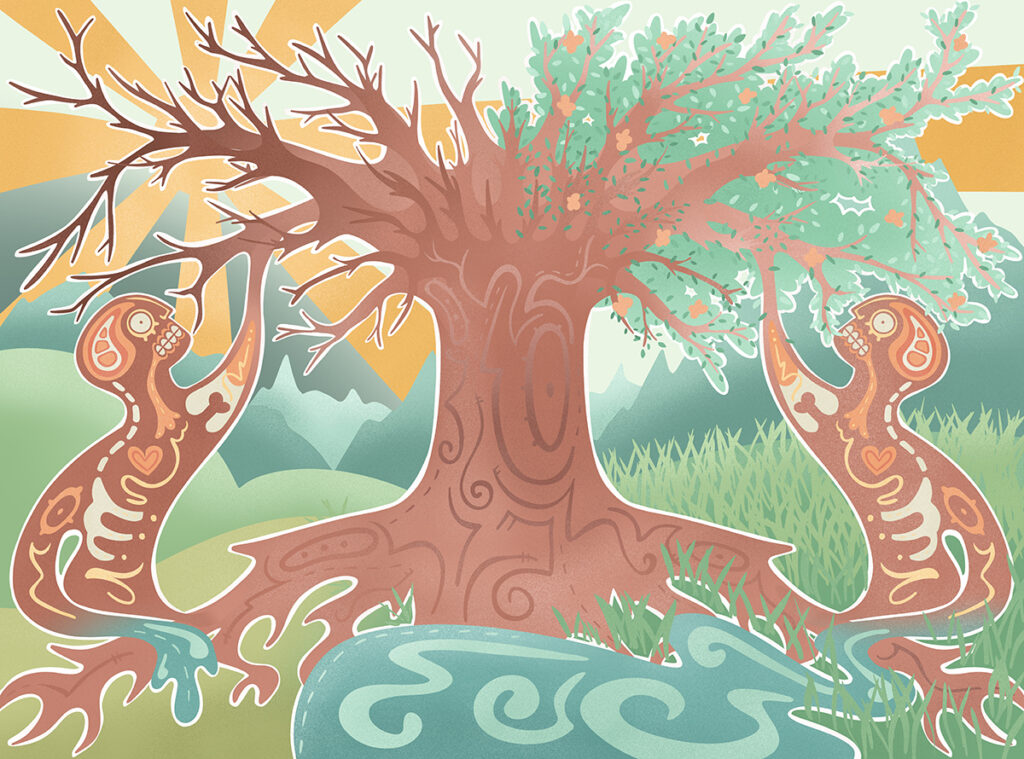 Indigenous artwork of tree, half in leaf with two figures reaching up and connecting with it. One of the figures is connected to a flowing river and is surrounded by grass. moutains and sun is in the background.